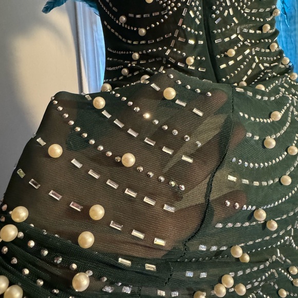 Halloween emerald fancy costume dress. Feathered bust with gems. Women’s Large - Picture 7 of 9